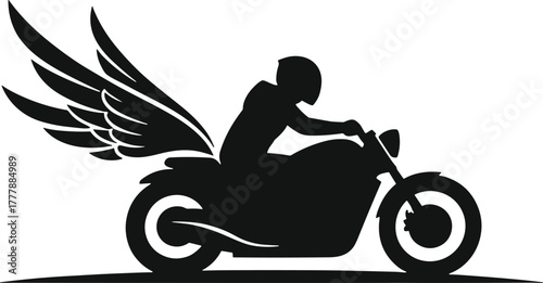 Silhouette of a motorcyclist with wings on a motorcycle, silhouette, motorcyclist, rider, motorcycle, bike, chopper, custom, wings, angel, freedom, speed, power, movement, travel, journey, adventure, 