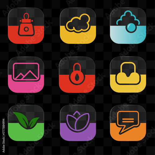 Collection of colorful app icons with various symbols isolated on white background for user interface