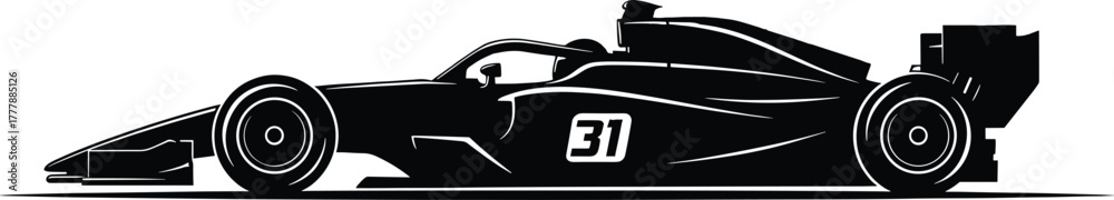 Naklejka premium Silhouette of a racing car with number 31 race car, racing car, race car, formula one, f1, speed, sport, competition, vehicle, automobile, silhouette, black, white, number 31, driver, cockpit, wing, s