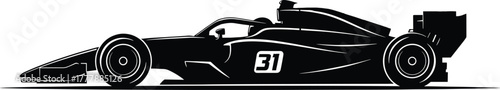 Silhouette of a racing car with number 31 race car, racing car, race car, formula one, f1, speed, sport, competition, vehicle, automobile, silhouette, black, white, number 31, driver, cockpit, wing, s