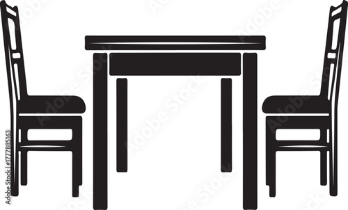 Stylized black silhouette of a rectangular table with two chairs on a white background furniture dining