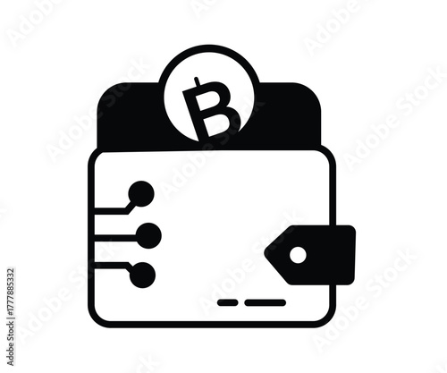 Bitcoin Wallet: A minimalistic illustration depicts a digital Bitcoin wallet, symbolizing the modern finance. The iconic cryptocurrency symbol and circuits.