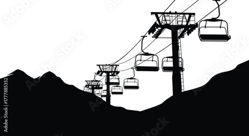 Ski lift chairs ascending a mountain silhouette ski lift, chairlift, mountain, silhouette, journey, car, background., sport, lift, ascending, vacation, transportation, resort, mechanism, structure, tr
