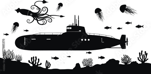 Silhouette of submarine with sea creatures and coral, submarine, underwater, sea, ocean, marine life, squid, octopus, jellyfish, fish, coral, reef, silhouette, black and white, illustration, drawing, 