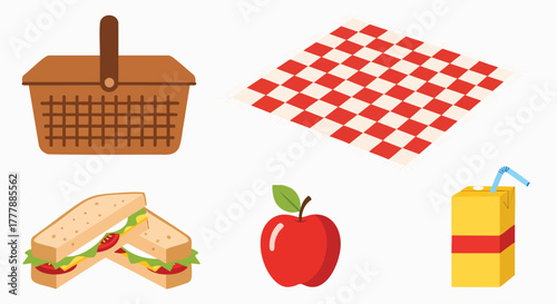 Classic picnic set basket blanket food drink apple vector illustration flat design summer outdoor lunch isolated