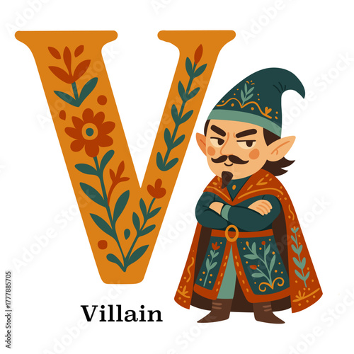 Vector illustration of the letter V with floral design and a fairytale villain character. Perfect for children’s alphabet posters, fantasy prints, storybook art, and educational projects