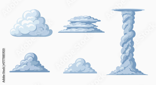 Set of stylized weather clouds and swirling tornado vortex vector illustration flat design graphic cartoon collection elements