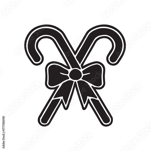 Two crossed candy canes tied with a decorative black bow illustration