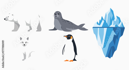 Cute Arctic Antarctic animals and iceberg flat design collection vector illustration wildlife arcticfox penguin polarbear seal iceberg fauna