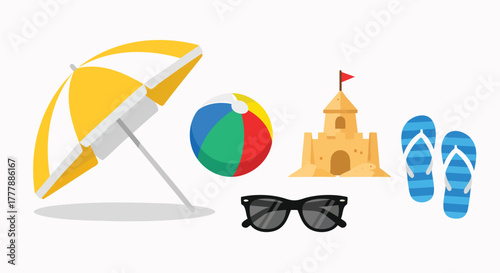Summer beach holiday accessories flat design illustration vector pack beach vacation summer parasol flipflops sandcastle sunglasses holiday travel sun ocean elements isolated season