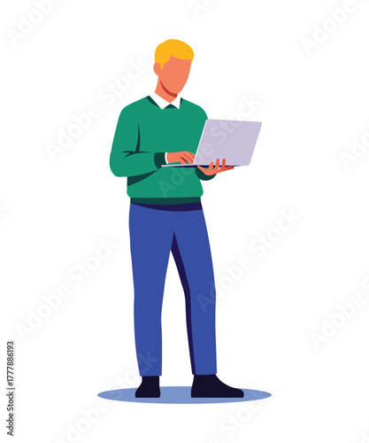Young man standing with laptop isolated on white background, working or studying online from home