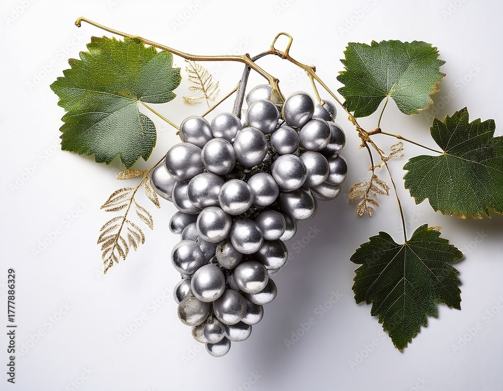 Obraz premium metallic silver grapes dangling from verdant vine glistening with delicate leaves against white background