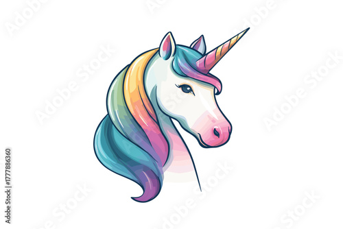 Magical unicorn head with colorful mane and shimmering horn design