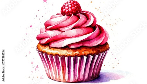 Delicious watercolor raspberry cupcake with rich pink frosting and golden brown cake in a striped wrapper, symbolizing sweet treats, celebration, home decor wall art sticker concept