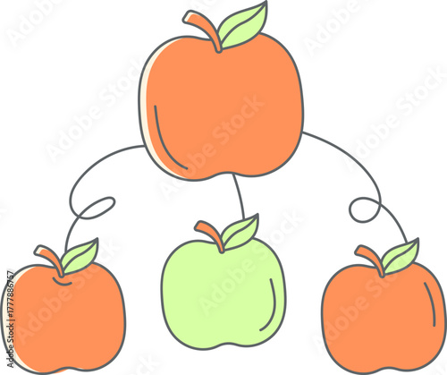 Vibrant apple family tree showing growth and connection, a playful design ideal for educational materials, children's books, or healthy eating campaigns, originally a scalable vector