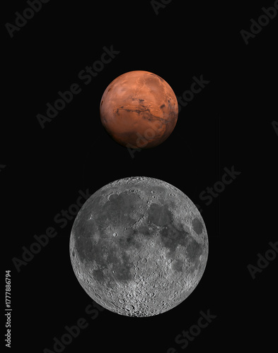 full moon and mars  on black background
