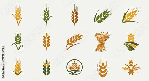 A diverse collection of stylized wheat ear icons and logos for agricultural or bakery branding.