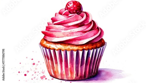 Strawberry cupcake watercolor painting featuring pink frosting swirls with a fresh red berry on top, creating a sweet and delightful baked dessert illustration home decor wall art sticker concept