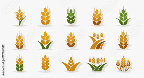 A collection of fifteen stylized wheat stalk icons in golden and green colors, representing agriculture and harvest.