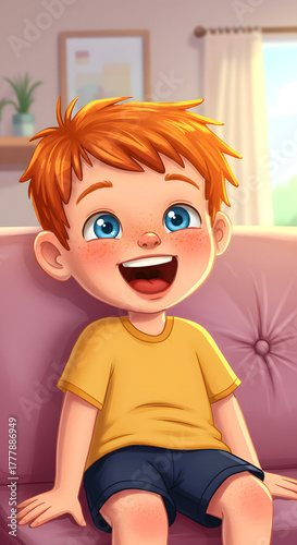 Image of a cheerful redhead boy on a couch smiling at the camera Young freckled child laughing indoors exhibiting joy.png