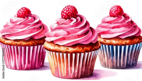 Delicious cupcake desserts with sweet pink frosting and fresh raspberry on top, showcasing watercolor painting style, ideal for charming bakery designs home decor wall art sticker concept