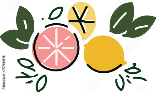 Colorful citrus fruits with green leaves for kitchen decoration