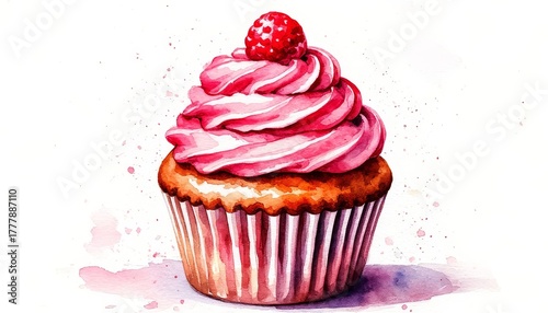 Watercolor cupcake painting with pink frosting and raspberry topping, depicting a sweet baked dessert food perfect for celebration, party, or bakery concepts home decor wall art sticker concept