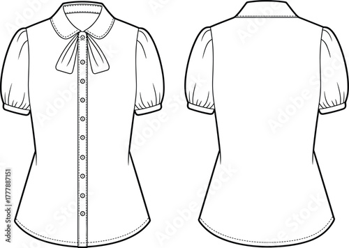 Women’s blouse technical sketch, front and back view, puff sleeves, bow tie collar, button placket, fashion design, vector illustration