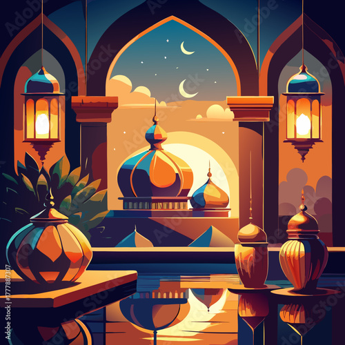 A captivating illustration captures the essence of ramadan, showcasing traditional lanterns glowing warmly against a backdrop of a majestic mosque bathed in the soft light of the moon