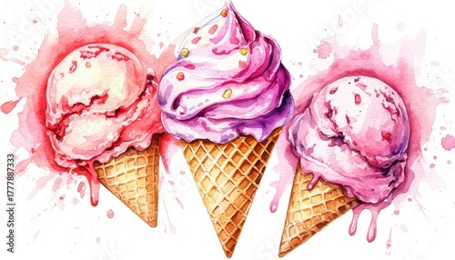 Three deliciously melting ice cream cones displaying scoops and soft serve in strawberry, raspberry, and mixed berry flavors, painted with watercolor textures home decor wall art sticker concept