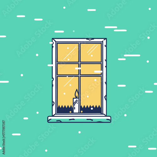 A cozy candle glows warmly in a window, casting a soft light on the snowy scene outside, creating a peaceful and inviting atmosphere on a cold winter night illustration
