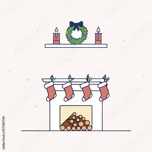 A cozy christmas fireplace scene with stockings, candles, and a wreath, creating a warm and inviting holiday atmosphere, perfect for seasonal greetings and decorations