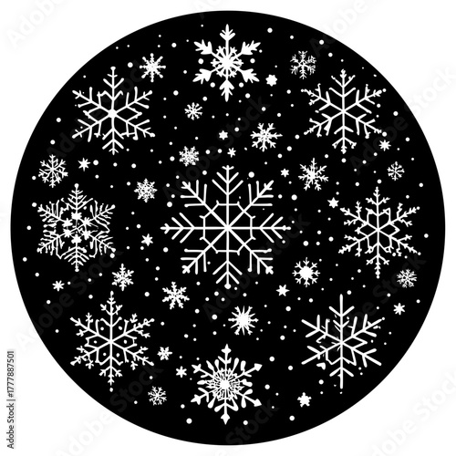 A festive black circle adorned with an array of delicate white snowflakes of varying sizes and intricate designs, creating a wintery and enchanting seasonal pattern on a dark background