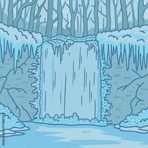 A frozen waterfall cascades down a rocky cliff, surrounded by icy formations and bare trees, creating a serene and wintry landscape with a cool and tranquil atmosphere