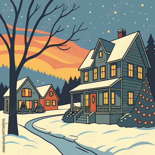 A picturesque winter evening showcases a charming house adorned with christmas lights, set against a backdrop of snowcovered hills and a colorful sunset sky, creating a festive scene