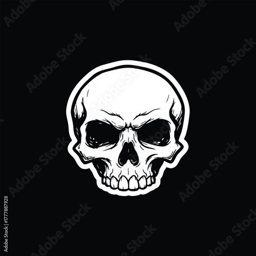 Isolated illustration of a human skull in black and white on a plain background