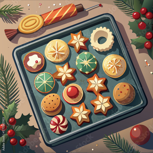 Festive assortment of christmas cookies on a baking sheet, showcasing a variety of shapes and decorations, perfect for holiday baking projects and seasonal designs with a retro aesthetic