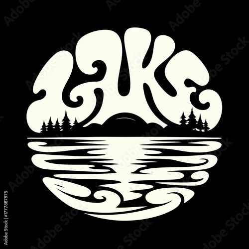 Lake typography isolated on retro style lettering with water reflection and forest silhouette vintage text design for poster, print, tshirt vector illustration