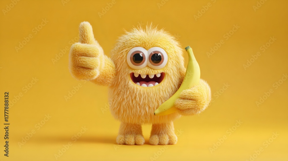 Fototapeta premium Funny fluffy monster holding a banana and showing thumbs up. Happy cartoon character illustration for kid product advertising.