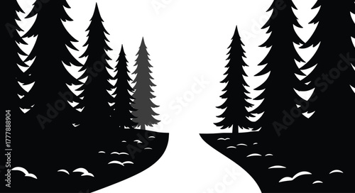 Beautiful forest landscape silhouette with pine trees and pathway, scenic woodland nature illustration, peaceful outdoor environment and wilderness background design.