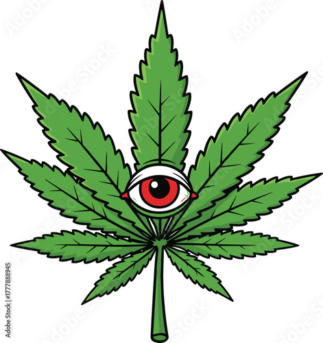 Surreal cannabis leaf artwork, psychedelic eye illustration, fantasy marijuana design, abstract green plant drawing, mystical vision concept, cad drawing flat vector illustration