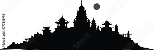 Ancient Asian temple silhouette on mountain hill with sun, traditional pagoda architecture illustration for travel, culture, and tourism design.