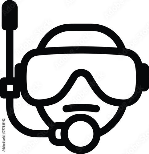 Black silhouette of scuba diver with snorkel mask, underwater diving equipment icon, aquatic sports design, ocean exploration, and adventure vector art.