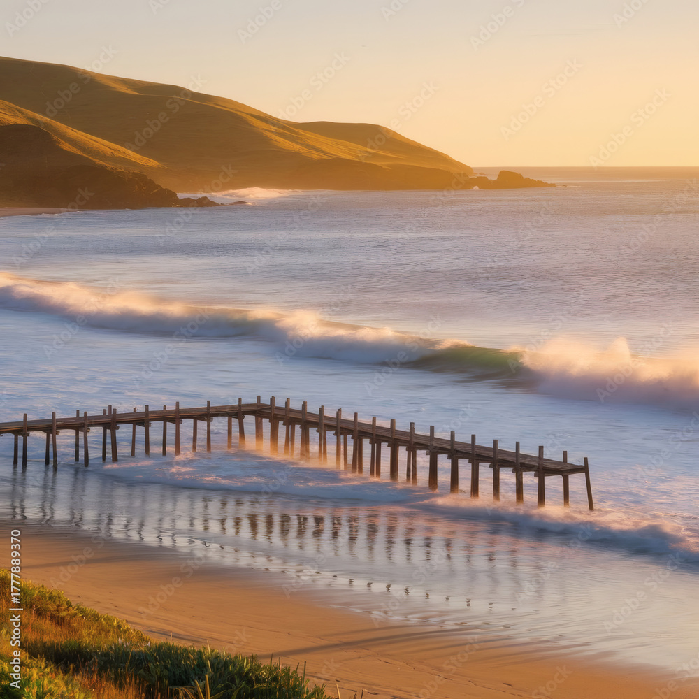 Fototapeta premium Golden Sunset Over a Serene Ocean Beach with a Long Wooden Pier and Calm Waves Rolling to Shore.