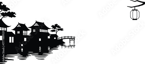 Traditional Japanese riverside village silhouette with bridge, lantern, and reflections on water, serene Asian landscape vector design for culture and travel.