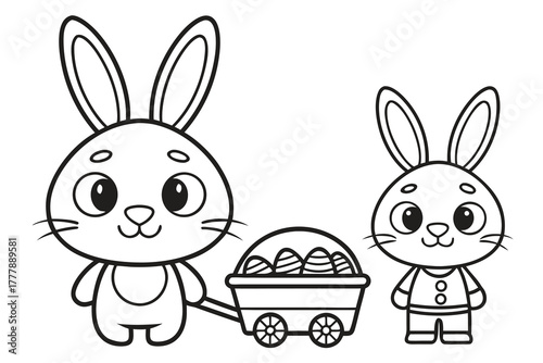 black and white illustration depicts two cute, cartoonish rabbits, likely for an Easter theme. 