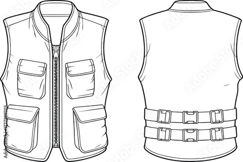 Tactical vest front and back, line drawing illustration, multi-pocket design, adjustable straps, utility gear, black and white sketch