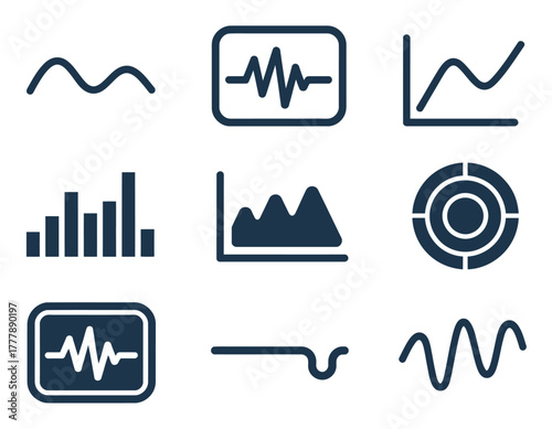 Sound wave icon set, vector flat design, sine wave visualization, decibel graph, audio waveform monitor, technology, digital audio display, sound frequency illustration