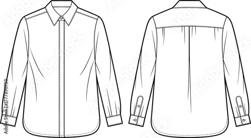 Technical drawing of long sleeve shirt, fashion flat sketch, garment design illustration, button up clothing template, apparel manufacturing blueprint
