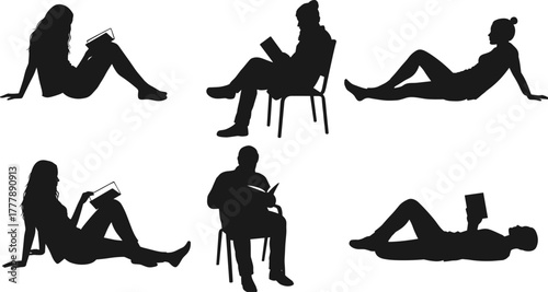 casual poses, leisure, education, students, black figures, sitting, reclining, floor, chair, posture, lifestyle, study, quiet time, peaceful, illustration
